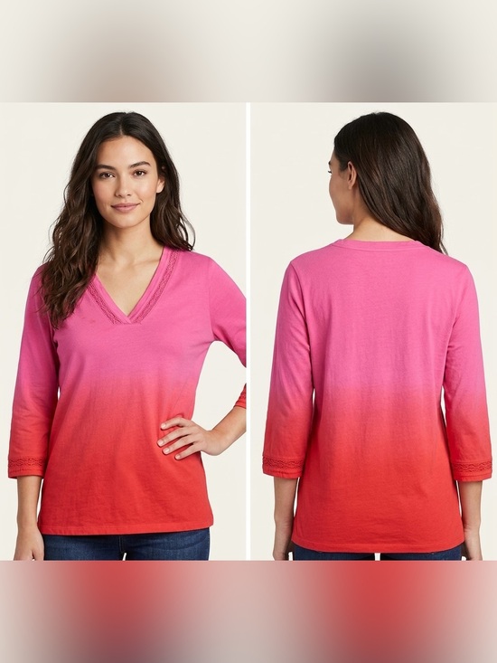 Lands' End Tops - LANDS END Women’s Ombre Pink to Red V-Neck Lace Trim Top Long Sleeve Top Size L